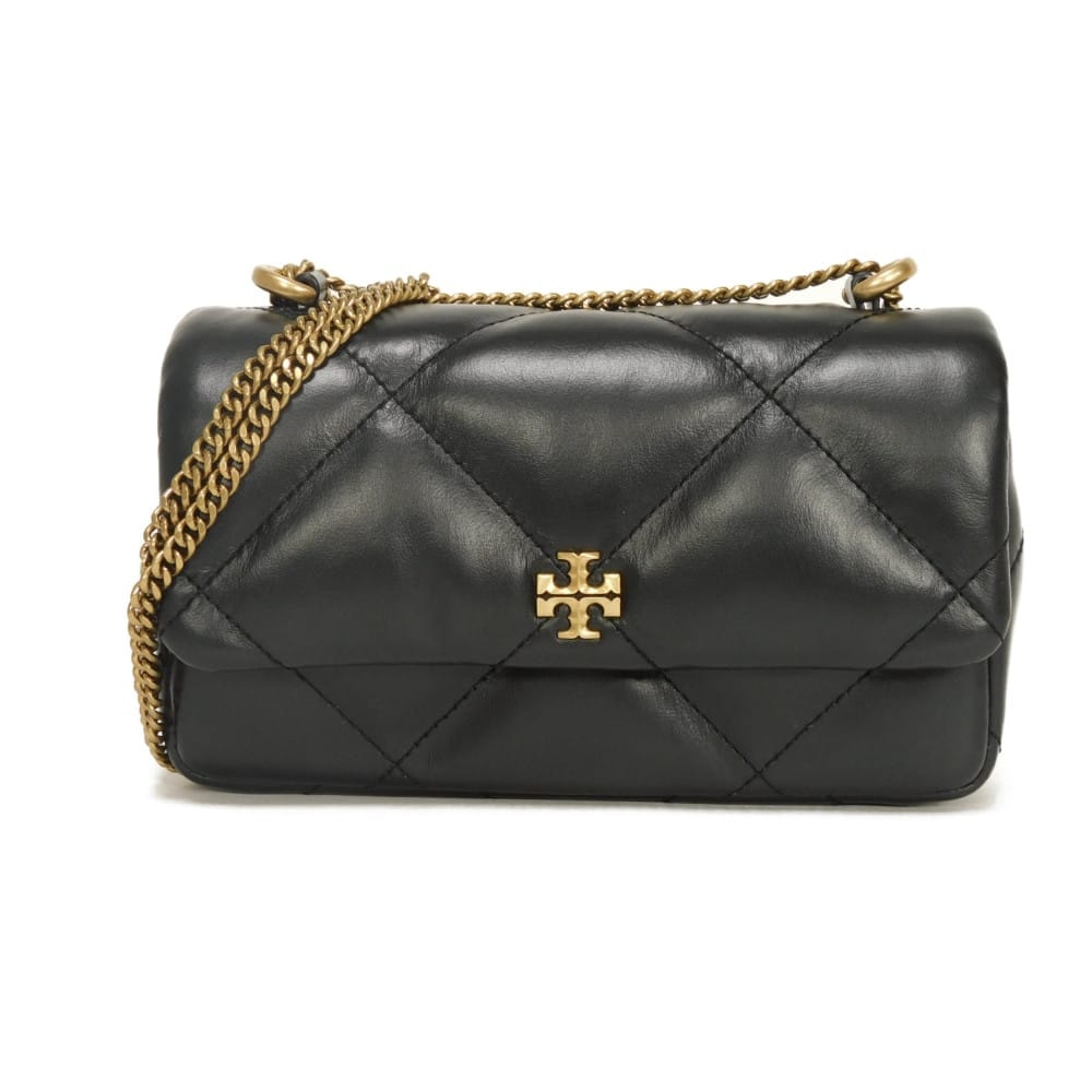 Tory Burch トリーバーチ キラ ダイヤモンド キルト ミニ フラップバッグ 現行 ロゴ 箔押し キルティング ゴールド チェーンショルダー 2WAY クロスボディ ダブルT ロゴ ナパレザー ブラック ショルダーバッグ 154710