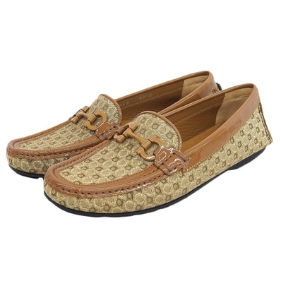 サルヴァトーレフェラガモ 新品同様 キャンバス×パテント ガンチーニドライビングシューズ ベージュ ブラウン 5 1/2 5 1/2C