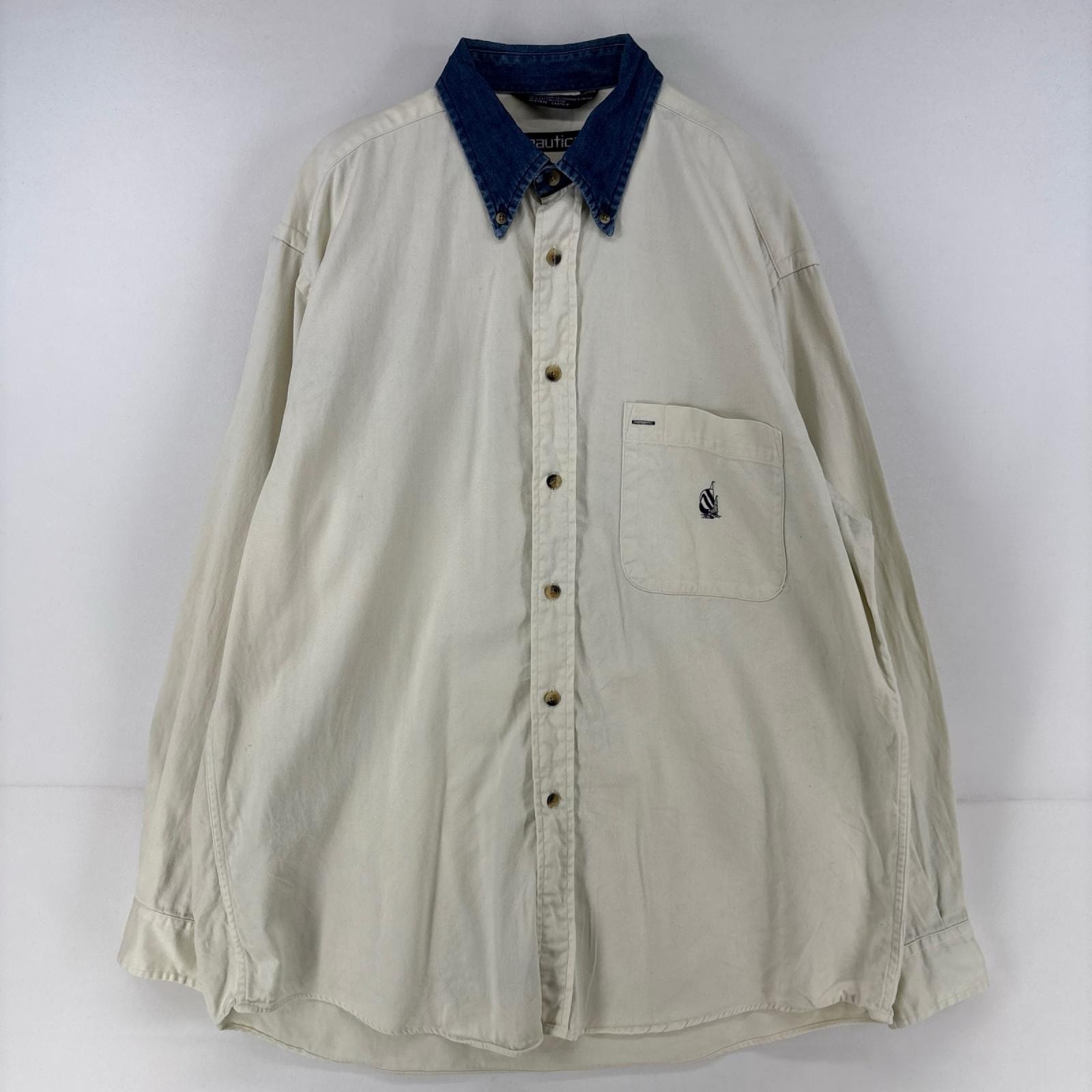 古着 90's/90年代 ノーティカ NAUTICA 長袖シャツ ワンポイント 胸ポケット ロゴ 刺繍 デニム L ホワイト系 メンズ