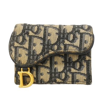【6id4881】クリスチャンディオール 財布 オブリーク サドル キャンバス ネイビー ゴールド金具【中古】レディース