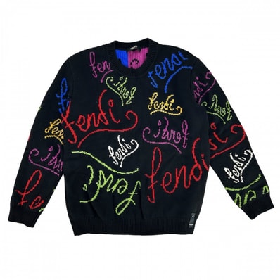 FENDI フェンディ ニット ARTIST ロゴ セーター 長袖 服 トップス アパレル 52 FZY463 ブラック 黒 マルチカラー ウール メンズ 秋 冬【中古品】