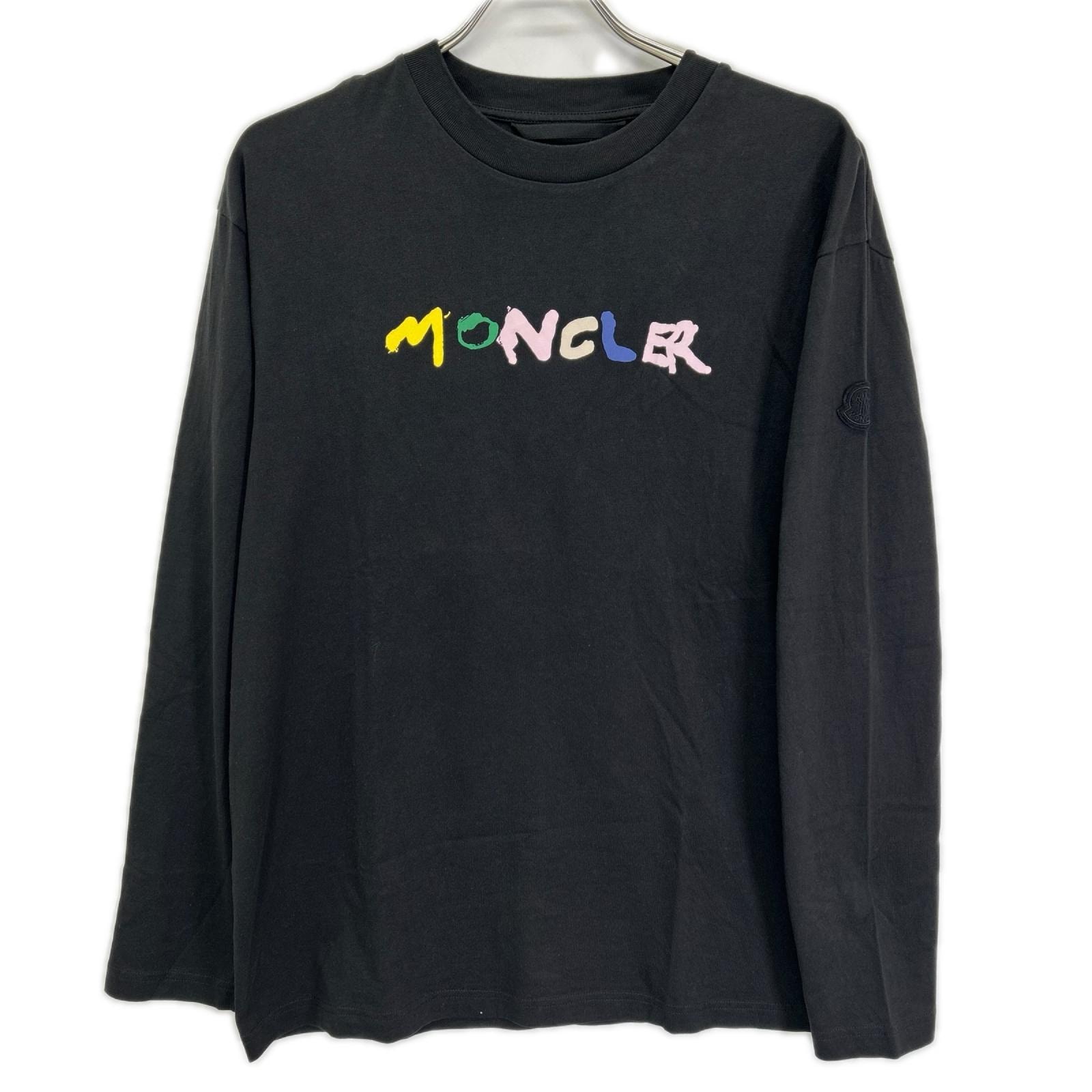 モンクレール 23年製 LS T-SHIRT ブラック コットン ペイントロゴ クルーネック ロングスリーブカットソー S