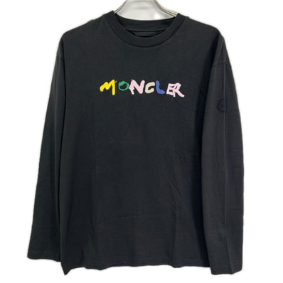 モンクレール 23年製 LS T-SHIRT ブラック コットン ペイントロゴ クルーネック ロングスリーブカットソー S