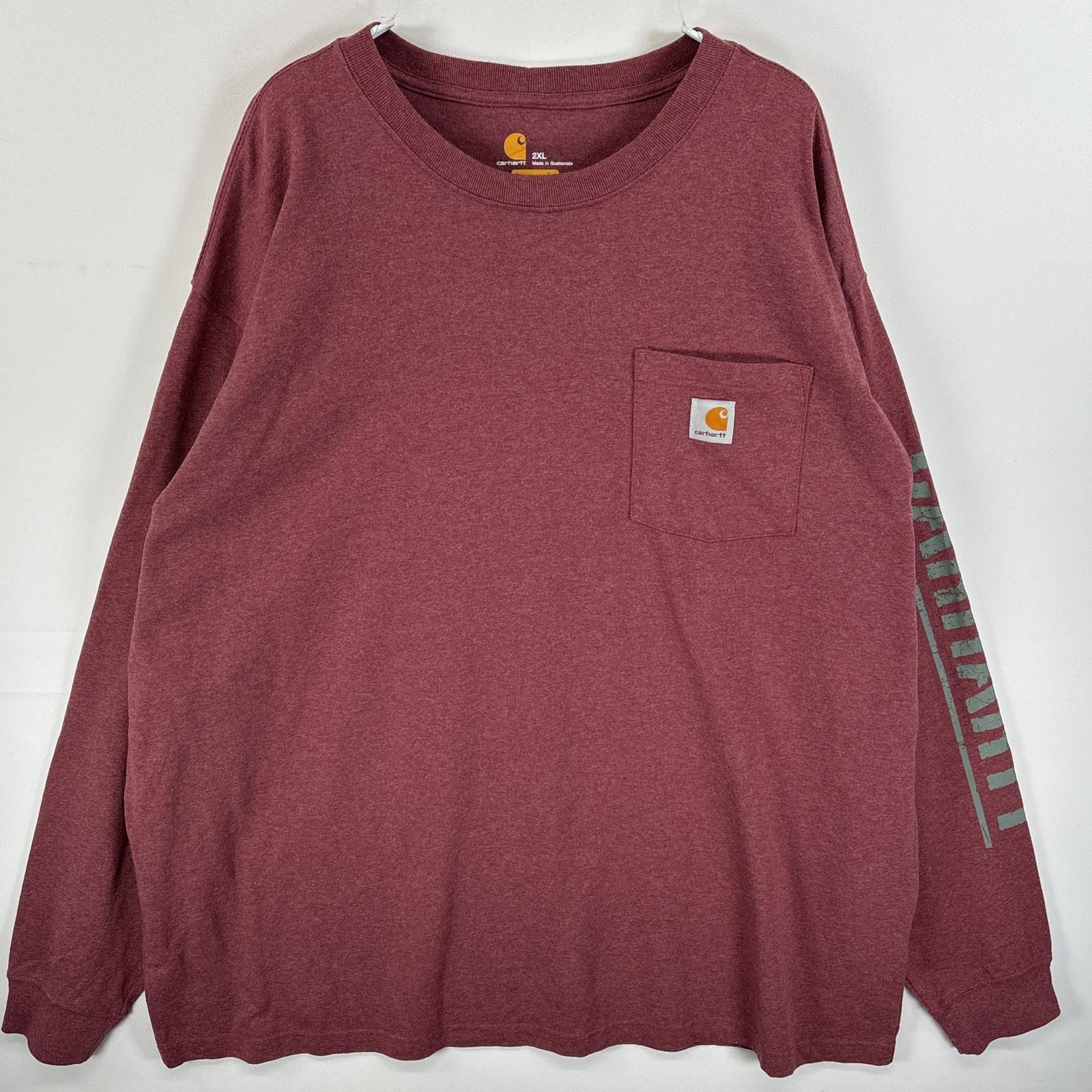 古着 カーハート Carhartt 長袖Tシャツ 袖プリント ワンポイント ロゴ 大きいサイズ 2XL  レッド系 メンズ