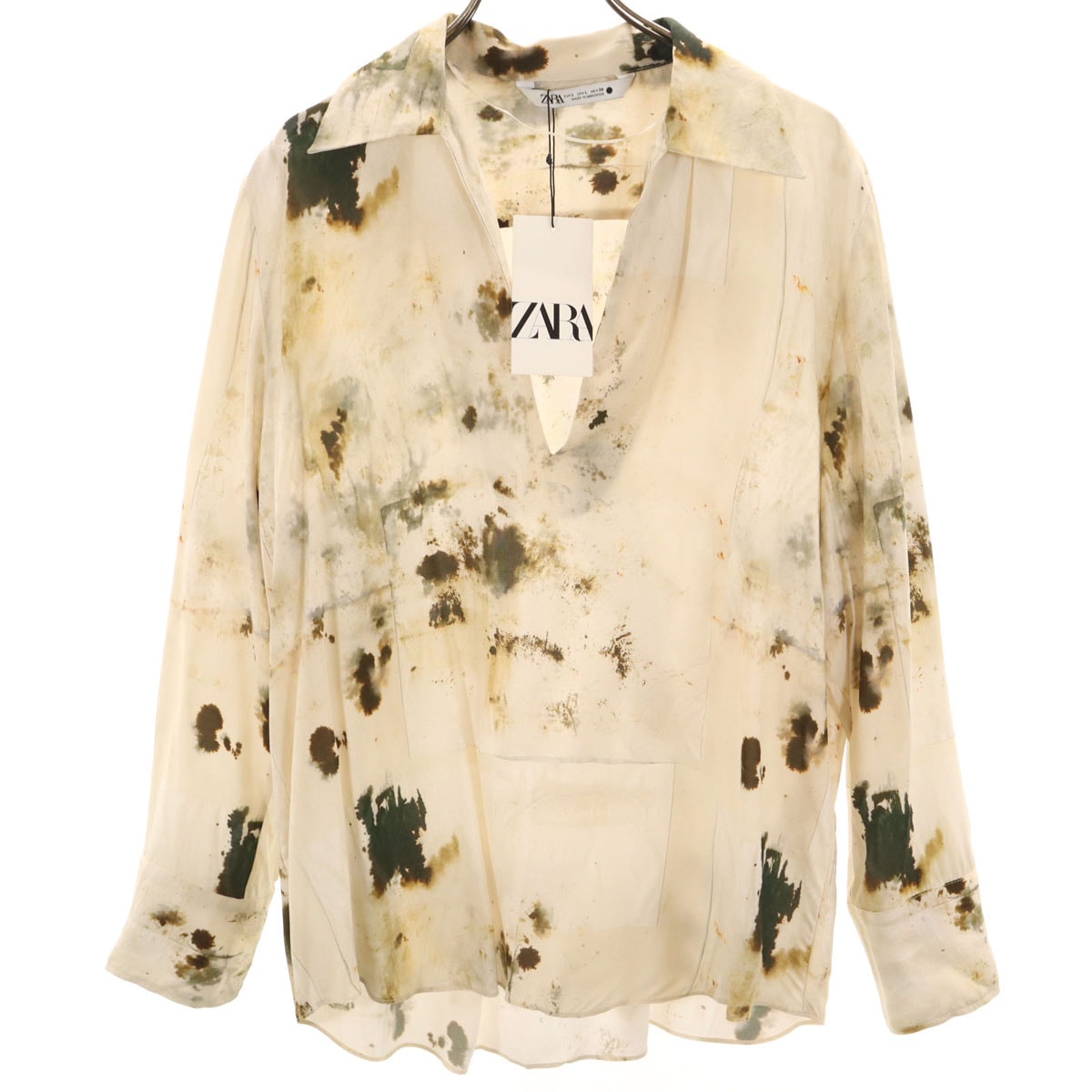 未使用 ZARA ザラ 総柄 長袖 スキッパーカラー シャツ L ベージュ