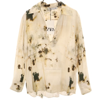 未使用 ZARA ザラ 総柄 長袖 スキッパーカラー シャツ L ベージュ