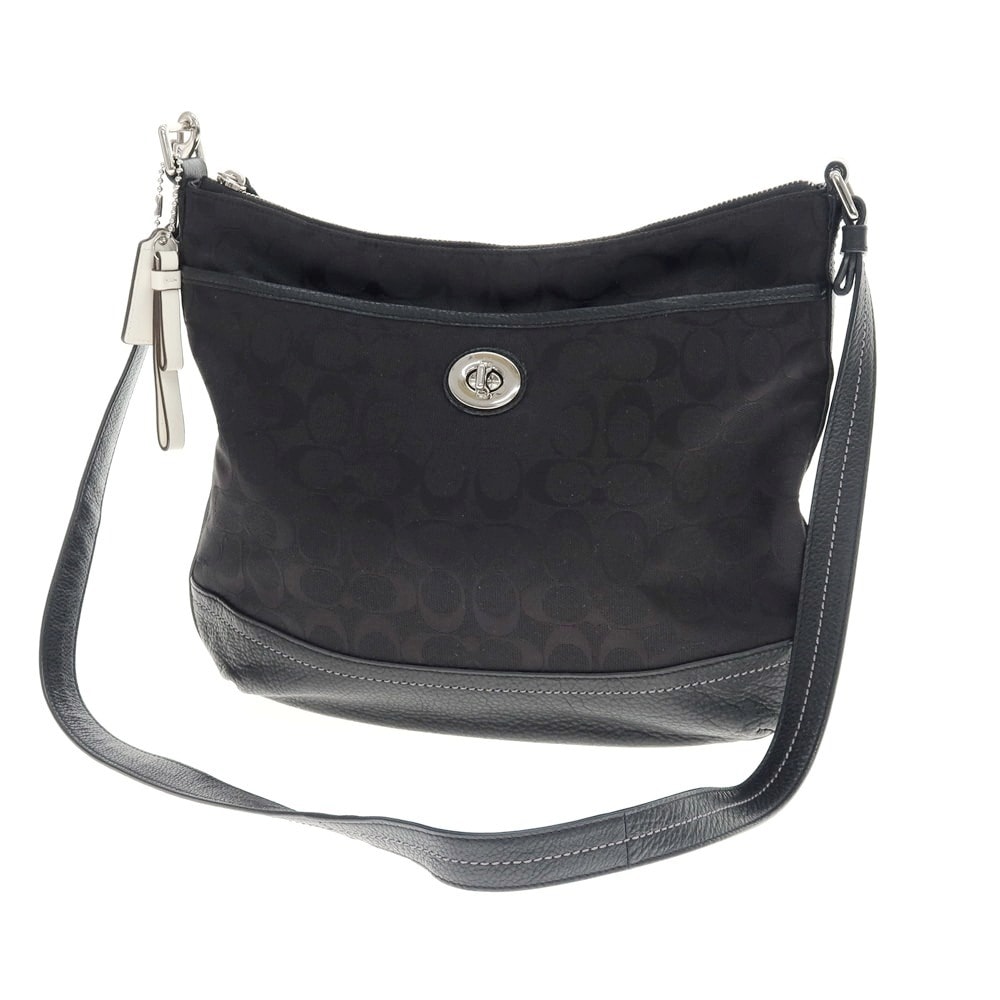 【中古】コーチ COACH シグネチャー キャンバス×レザー ショルダーバッグ ブラック【WxH26.5xD6】【レディース】