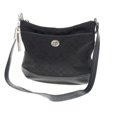 【中古】コーチ COACH シグネチャー キャンバス×レザー ショルダーバッグ ブラック【WxH26.5xD6】【レディース】