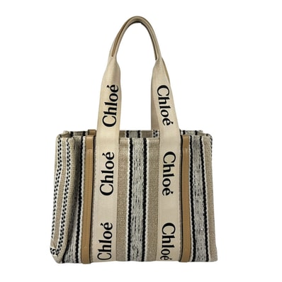 クロエ Chloe トートバッグ Woody ミディアム リネン ベージュ/ブラック レディース【中古】 z11241