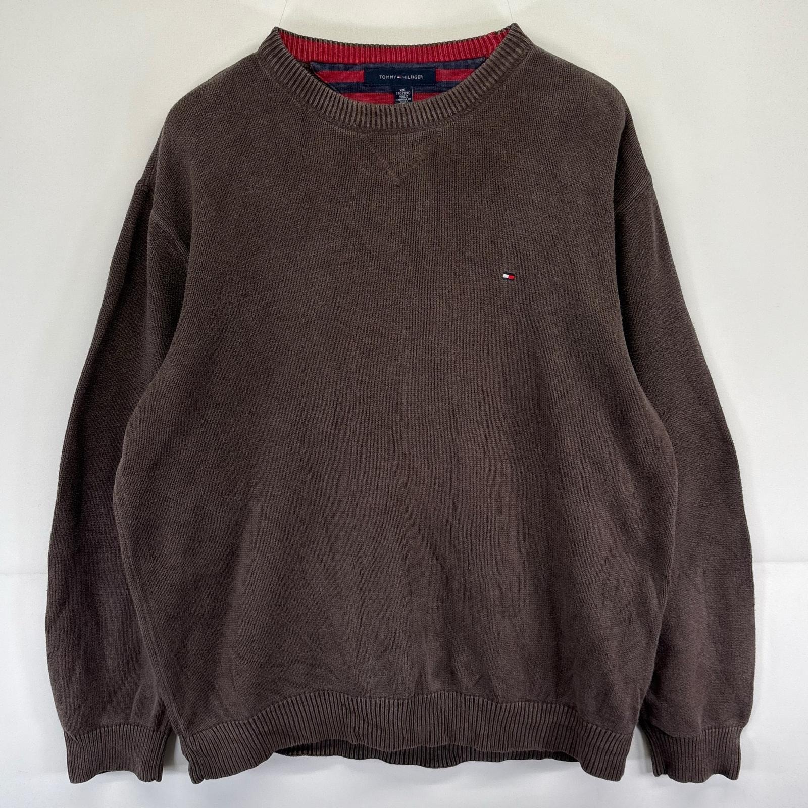 古着 トミーヒルフィガー TOMMY HILFIGER ニット セーター ワンポイントロゴ 刺繍 大きいサイズ 2XL ブラウン系 メンズ