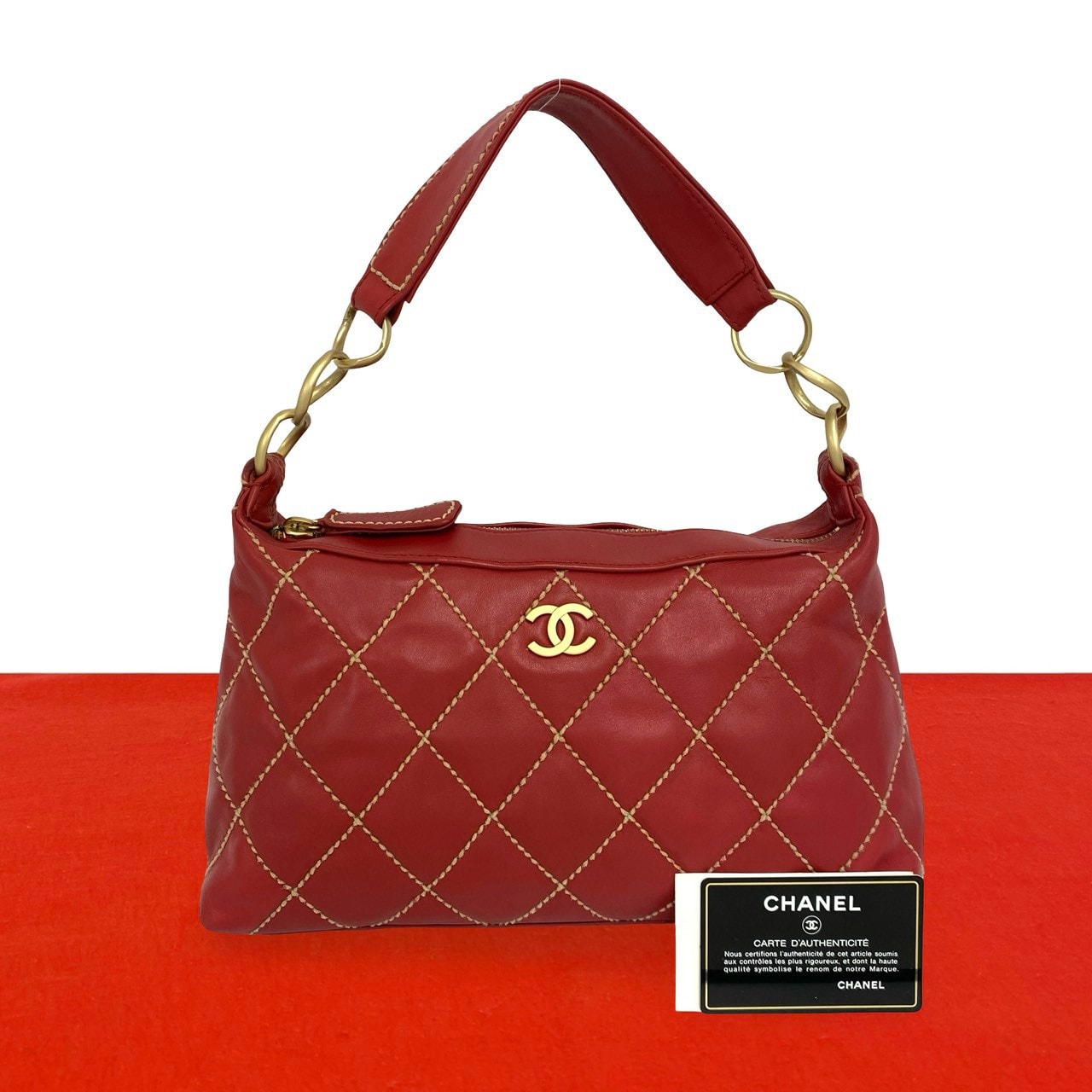 CHANEL シャネル ココマーク ワイルドステッチ ラムスキン ハンドバッグ レッド
 710-9