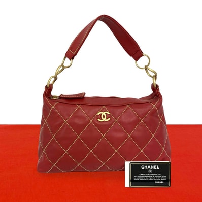 CHANEL シャネル ココマーク ワイルドステッチ ラムスキン ハンドバッグ レッド
710-9