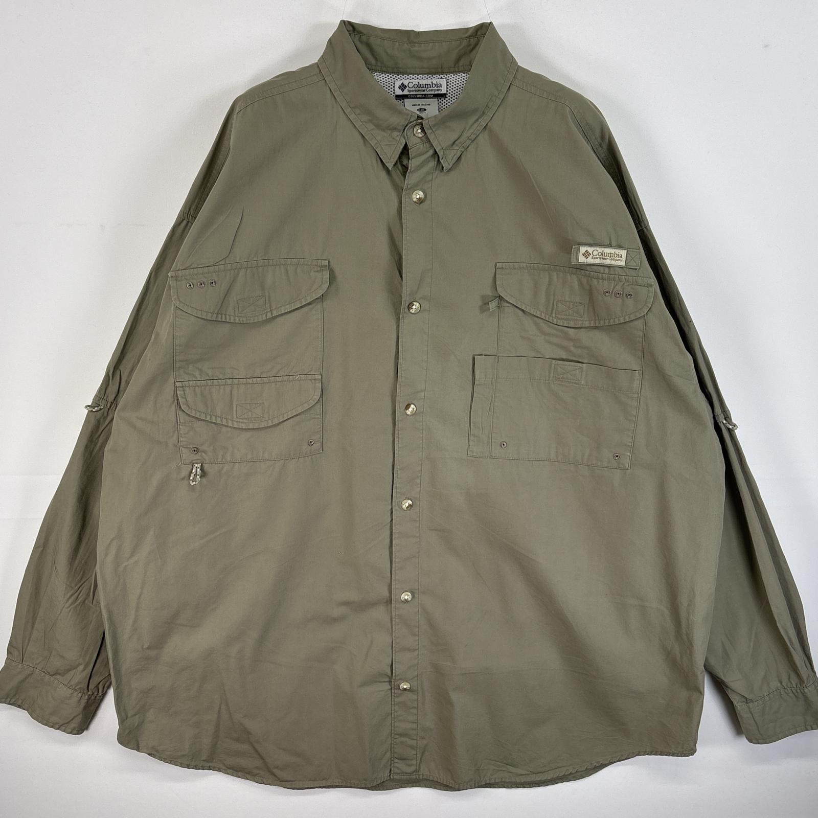 古着 コロンビア Columbia 長袖シャツ ワンポイント ロゴ PFG フラップポケ 14041 カーキ 無地 メンズ