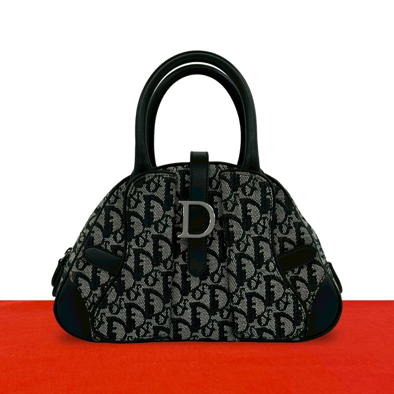 Christian Dior ディオール ダブルサドルバッグ トロッター 柄 キャンバス レザー ハンドバッグ ブラック
 31731