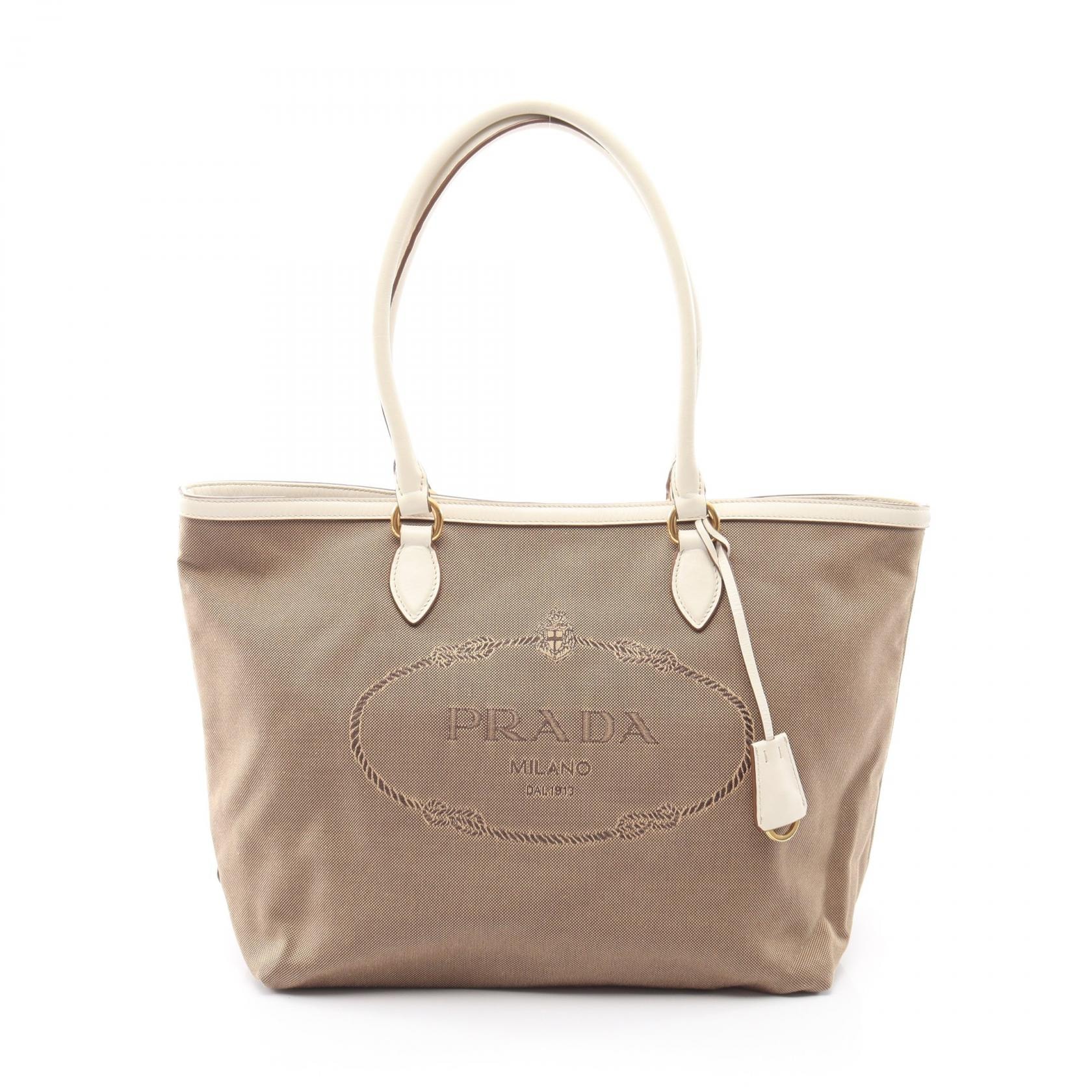 プラダ PRADA LOGO JACQUARD ロゴジャガード トートバッグ バッグ キャンバス レザー レディース ベージュ系 / ホワイト系 1BG158 【中古】