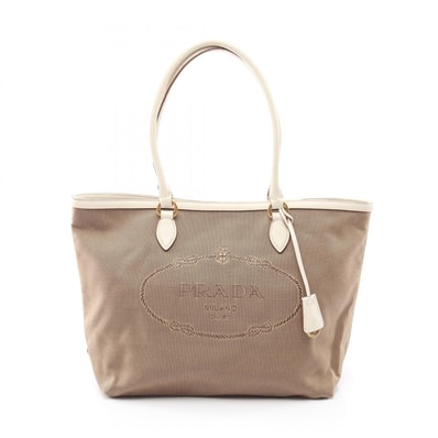 プラダ PRADA LOGO JACQUARD ロゴジャガード トートバッグ バッグ キャンバス レザー レディース ベージュ系 / ホワイト系 1BG158 【中古】