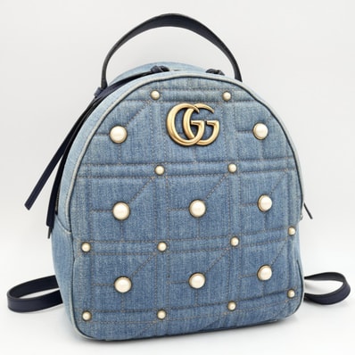 GUCCI(グッチ)GGマーモント バックパック リュックサック デニム フェイクパール ブルー レディース 476671【中古】