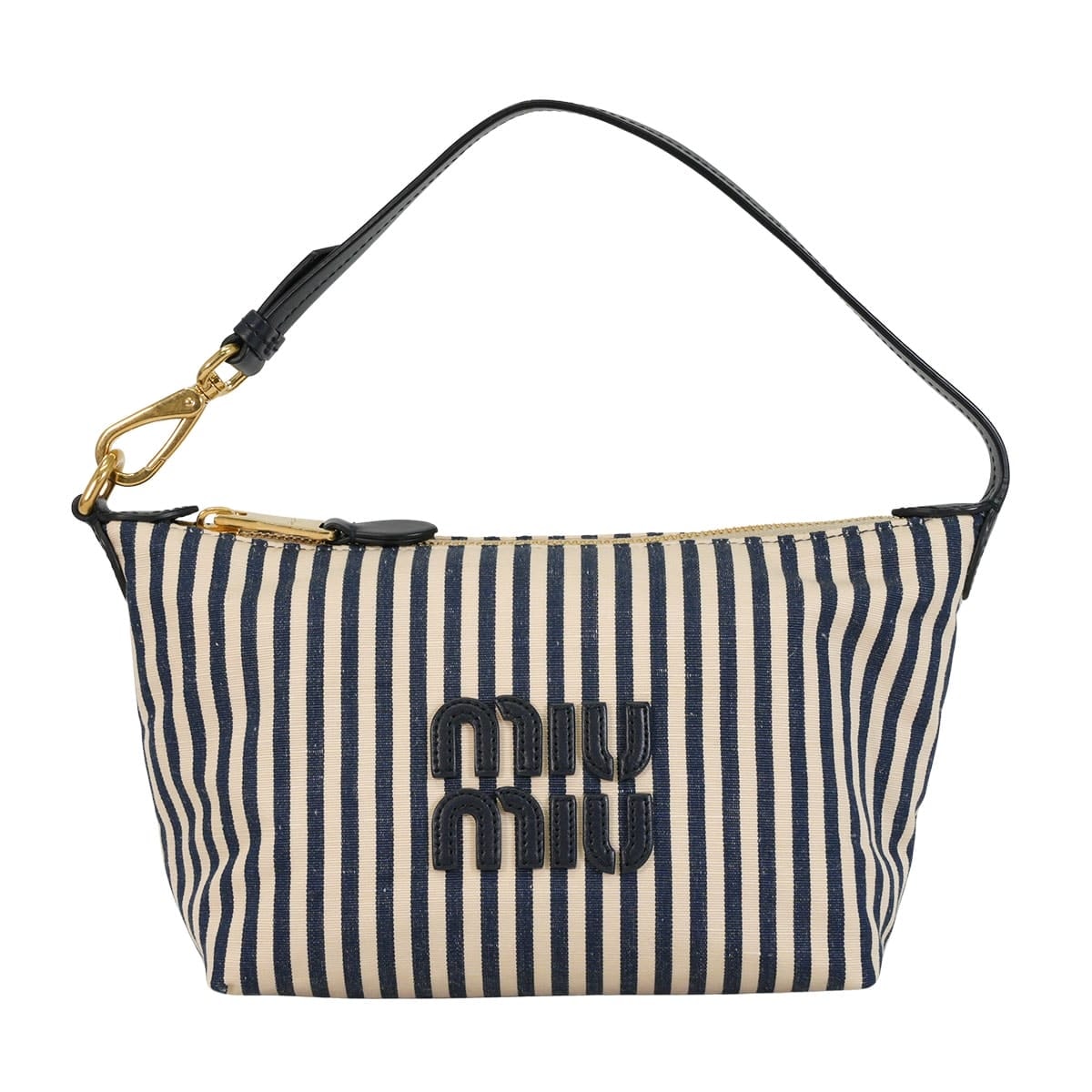 【渋谷並木橋店】Miu Miu ミュウミュウ ポーチ ストライプ ロゴ ベージュ/ネイビー ジャガードファブリック ゴールド金具 5NE841_ACQ3_F0Z12 新品未使用