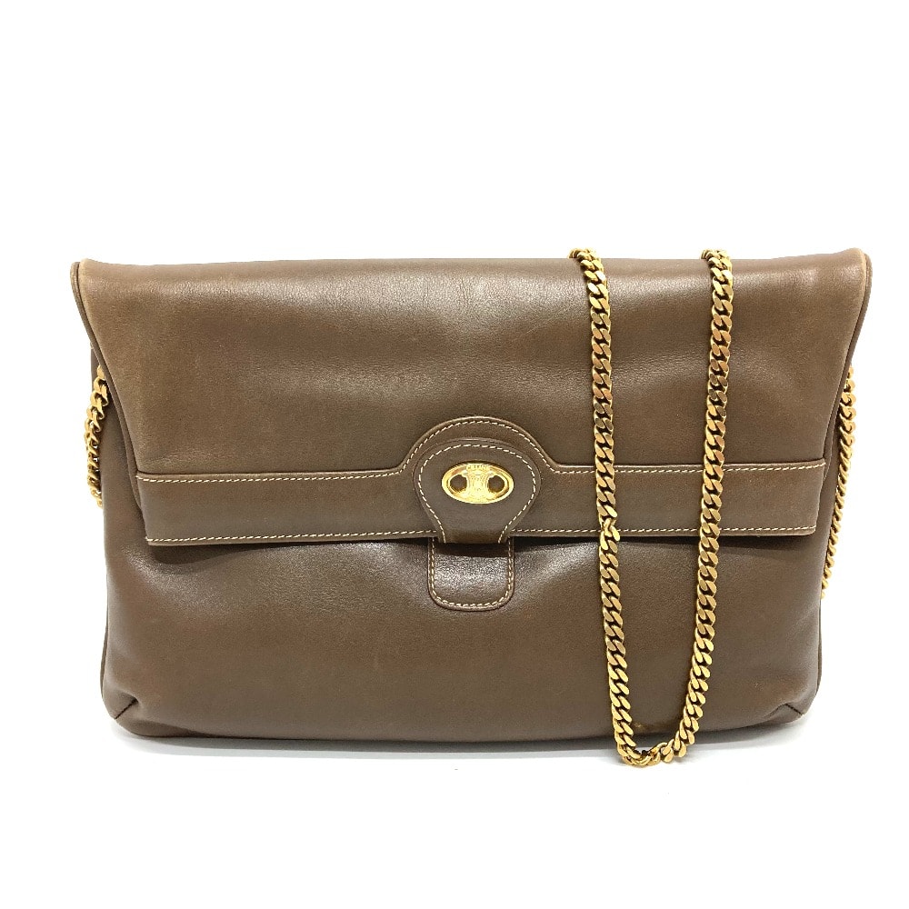 セリーヌ CELINE ヴィンテージ ロゴ金具 カバン チェーン クラッチ ショルダーバッグ レザー ブラウン