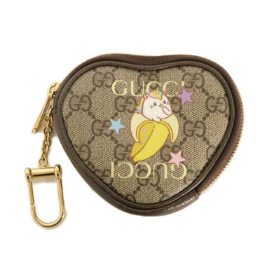 GUCCI グッチ ばなにゃ コインパース レインボー&ハートスター ロゴ バナナ ネコ ユニコーン ブラウン キーリング ゴールド 財布 GGスプリーム ベージュ コインケース 701062 U2UAG 8679