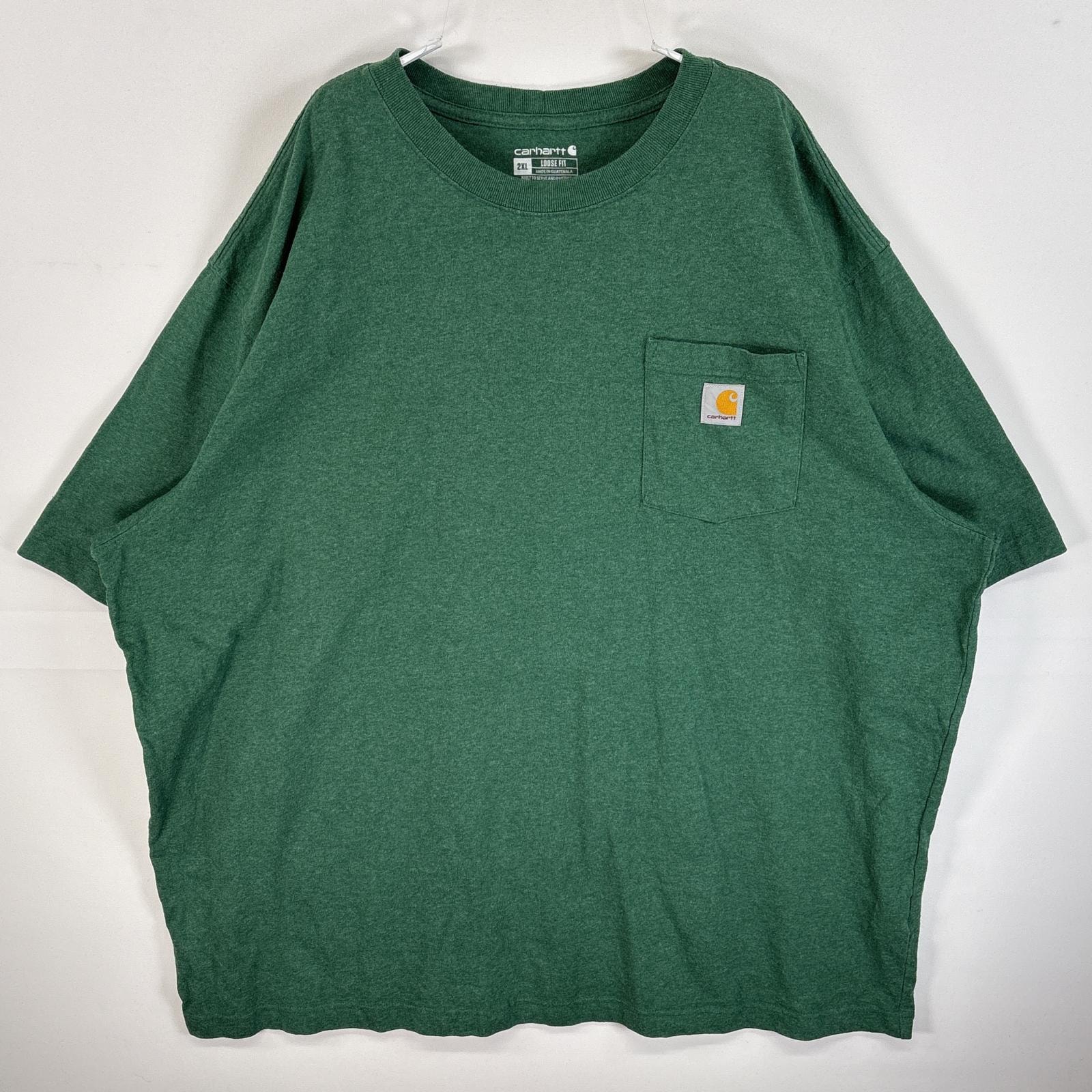 古着 カーハート Carhartt 半袖Tシャツ ワンポイント ロゴ 大きいサイズ 胸ポケ 2XL  グリーン系 無地 メンズ