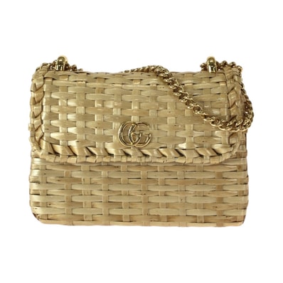 美品 GUCCI グッチ ウィッカー ベージュ ゴールド金具 ラタン チェーンショルダーバッグ ポシェット 601247 【中古】