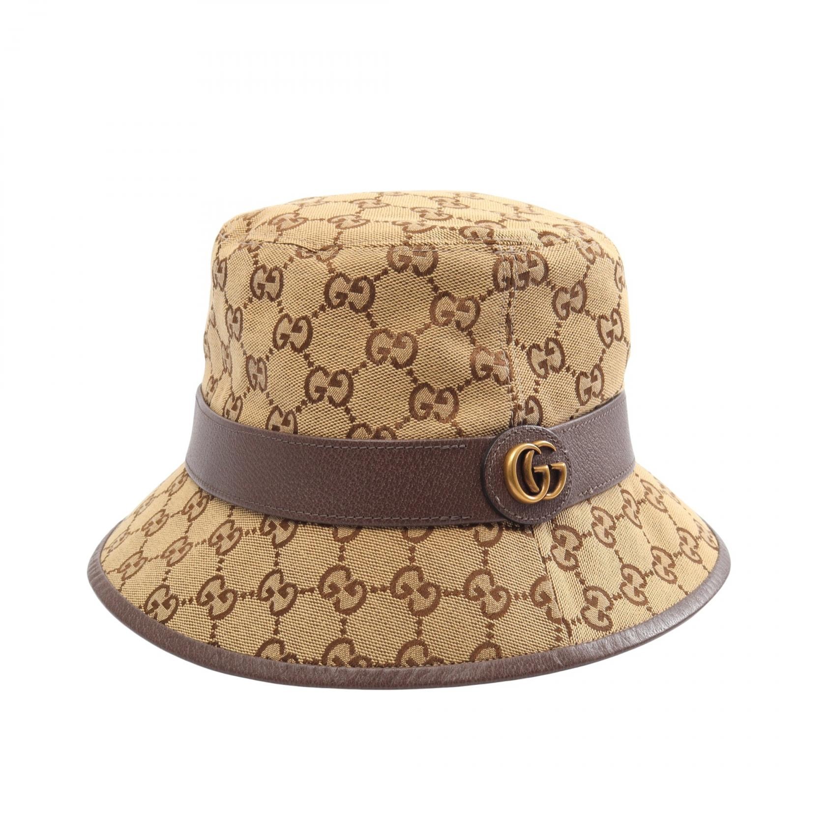 グッチ GUCCI GGマーモント GGキャンバス バケット ハット 帽子 レザー コットン メンズ レディース ベージュ系 / ブラウン系 576587 【中古】