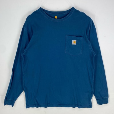 古着 カーハート Carhartt 長袖Tシャツ ポケット クルーネック ワンポイントロゴ ロンT M ブルー系 メンズ
