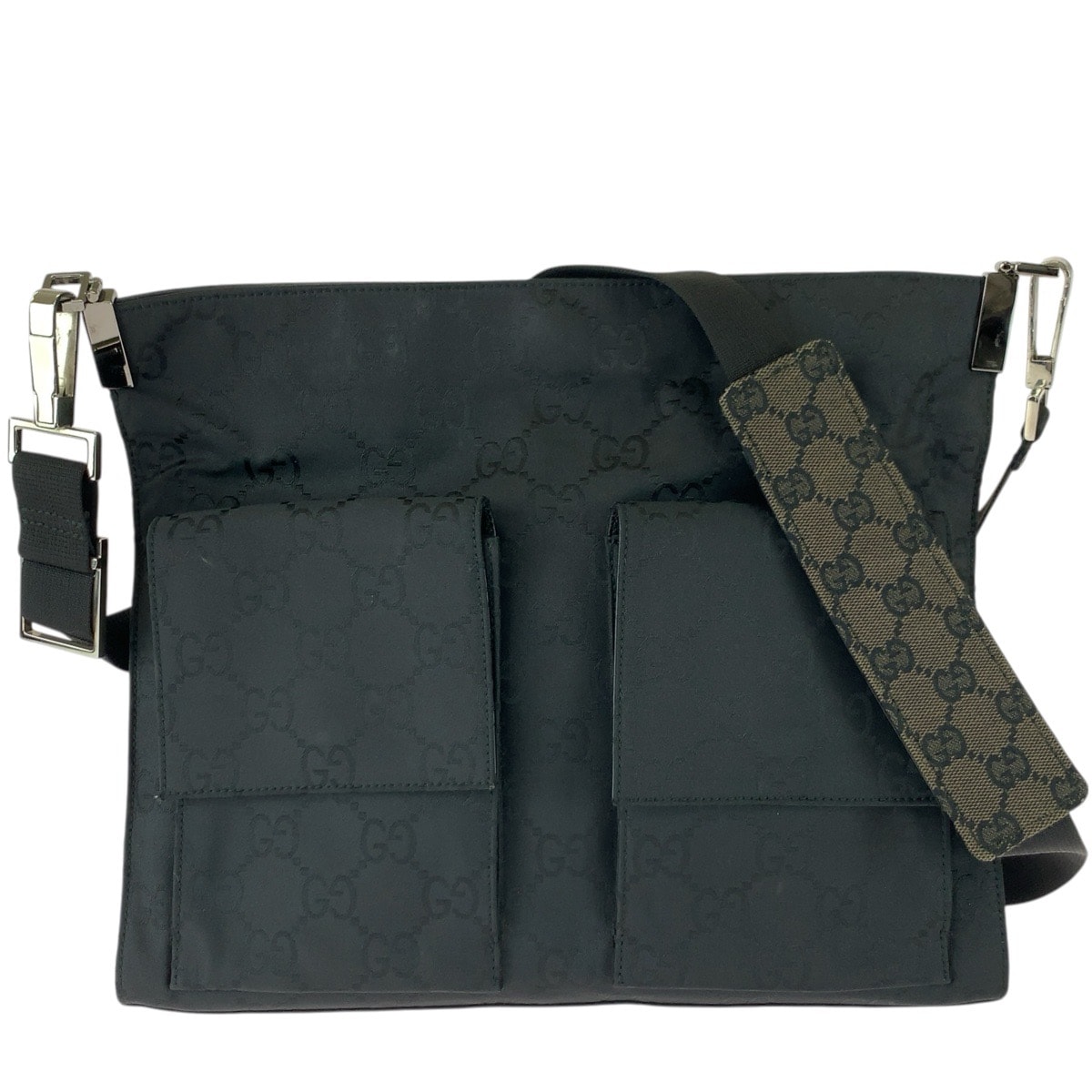 美品 GUCCI グッチ GG柄 ブラック 黒 シルバー金具 ナイロン ショルダーバッグ 男女兼用 604373 【中古】