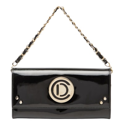 ディオール ロゴ チェーン ウォレット 長財布 ハンドバッグ ブラック ゴールド パテントレザー レディース Dior 中古