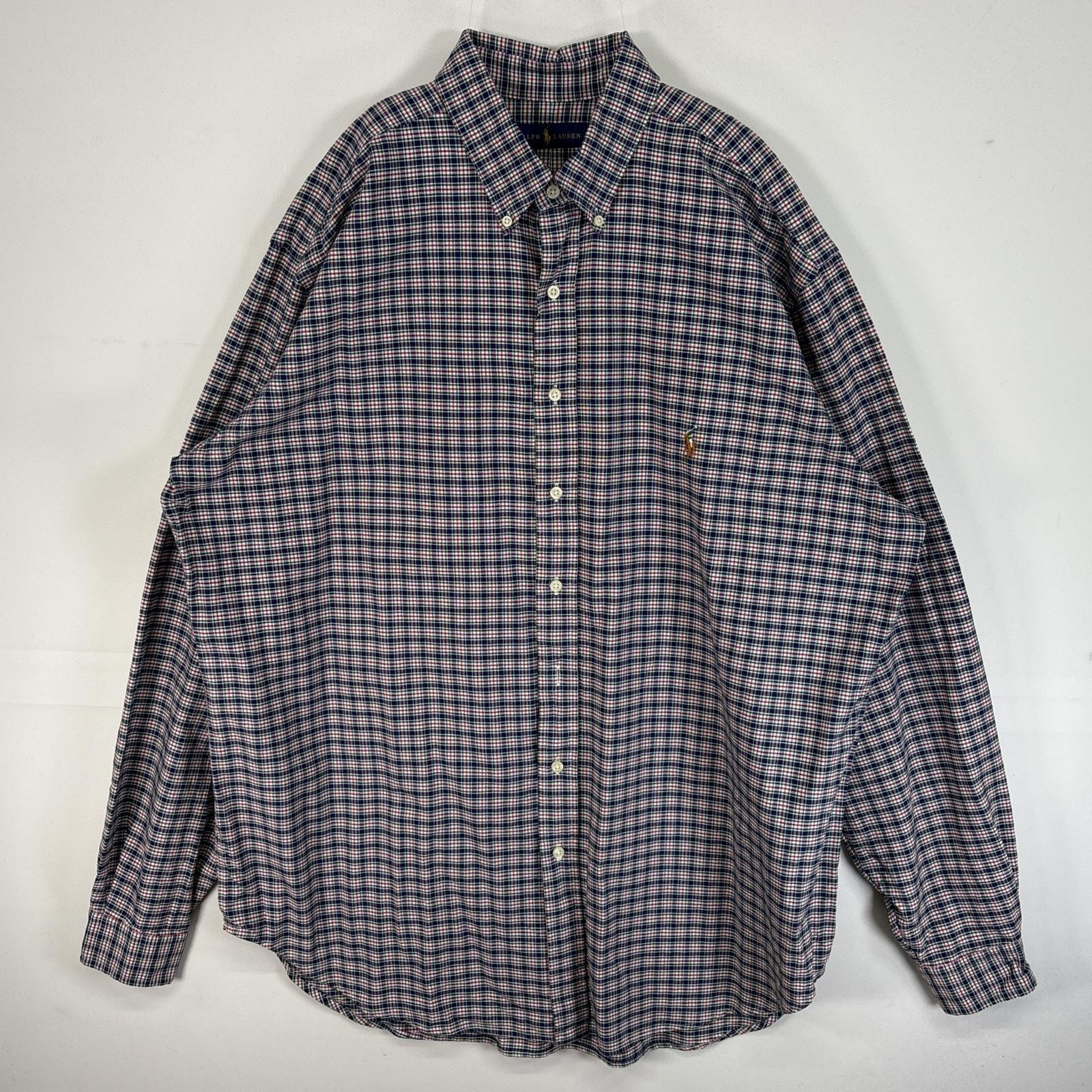 古着 ラルフローレン RALPH LAUREN 長袖シャツ ロゴ 刺繍 チェック 大きいサイズ 肉厚 XL  ネイビー マルチカラー メンズ