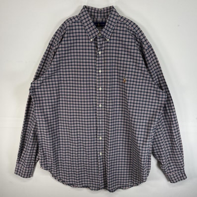 古着 ラルフローレン RALPH LAUREN 長袖シャツ ロゴ 刺繍 チェック 大きいサイズ 肉厚 XL ネイビー マルチカラー メンズ