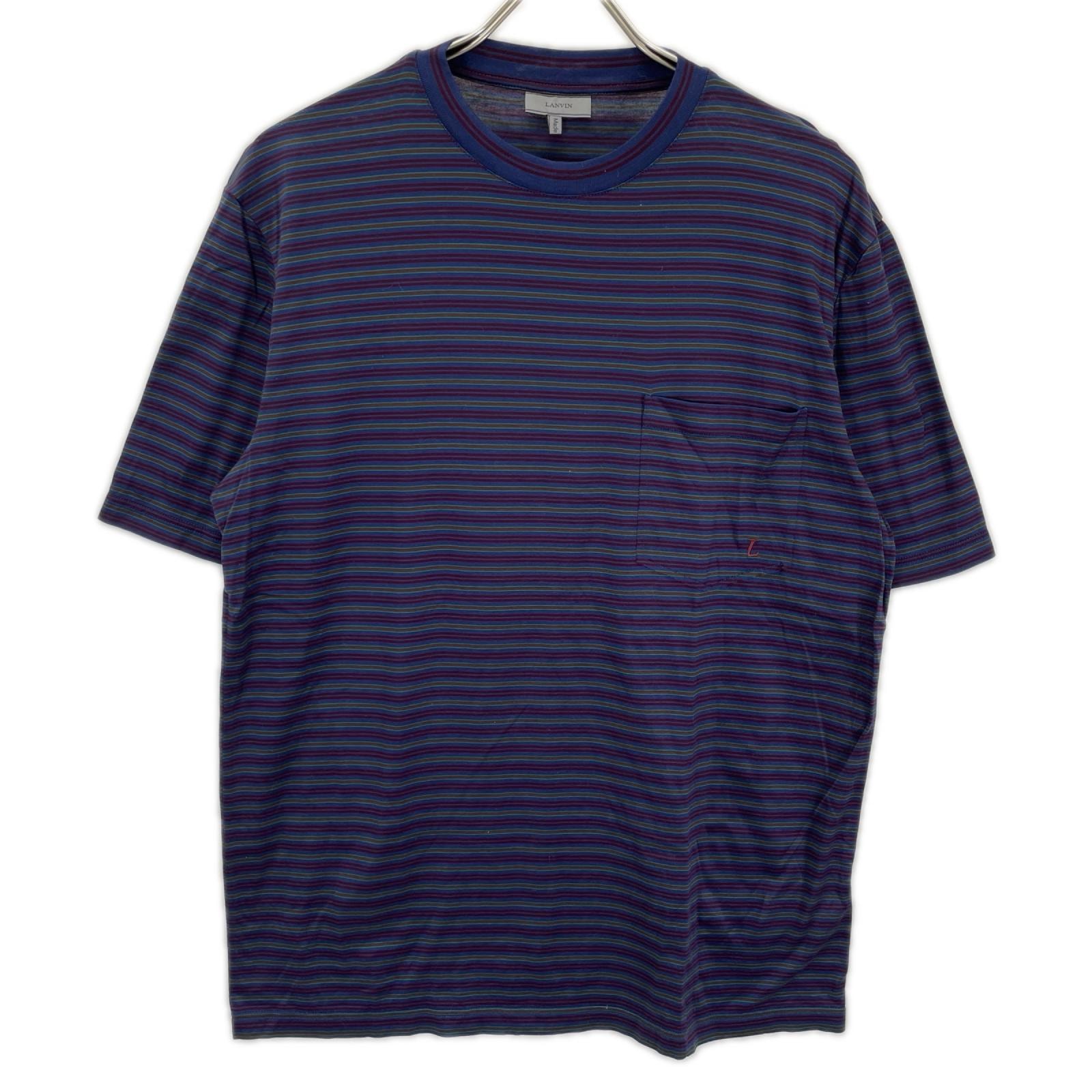 ランバン RMJE0014A19/2439 ミッドナイトブルー ボーダー ポケット Tシャツ L