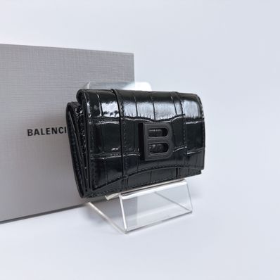 BALENCIAGA Hourglass Mini Wallet Shiny Crocodile Embossed Calfskin "Black"