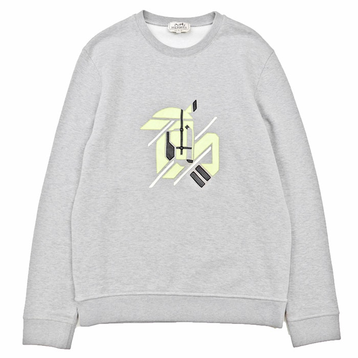 HERMES エルメス スウェット シュヴォー・アン・シンメトリー サイズ M メンズ ホース レザーパッチ クルーネック ロングスリーブ 丸首 長袖 トレーナー コットン100% トップス グレー ライトイエロー 灰色 黄色 イタリア製