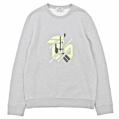 HERMES エルメス スウェット シュヴォー・アン・シンメトリー サイズ M メンズ ホース レザーパッチ クルーネック ロングスリーブ 丸首 長袖 トレーナー コットン100% トップス グレー ライトイエロー 灰色 黄色 イタリア製