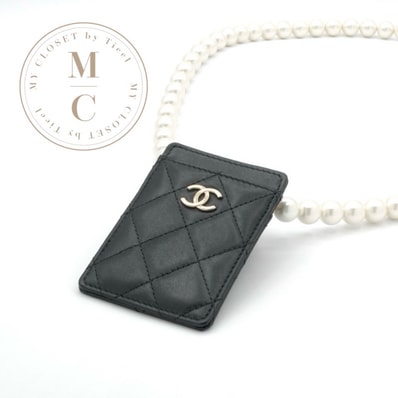 シャネル CHANEL カードケース カード入れ パスケース ブラック ゴールド ココマーク マトラッセ パールチェーン