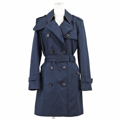 【極美品】COACH コーチ トレンチコート サイズ MP M相当 レディース ロゴ メタルチャーム コットン/ポリ ギャバジン カウレザートリム アウター ネイビーブルー 紺 青 タイ製