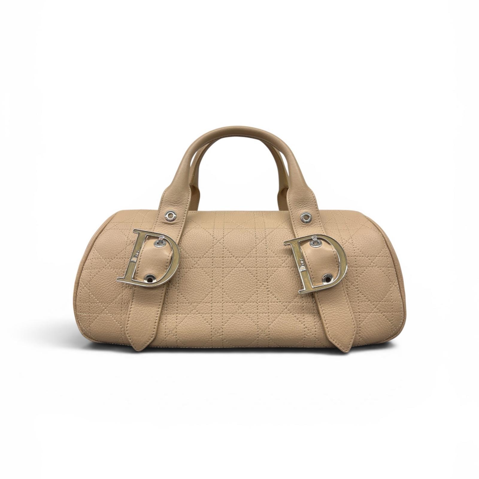 Christian Dior 美品 カナージュ Dバックル ミニボストン ハンドバッグ レザー ベージュ ロゴ ボウリングバッグ CD クリスチャンディオール ABランク 鑑定済 中古 ディオールバッグ