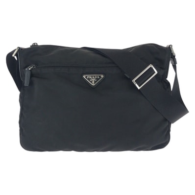 美品 PRADA プラダ テスート サフィアーノ 三角ロゴプレート ブラック 黒 シルバー金具 ナイロン レザー/ ショルダーバッグ メッセンジャーバッグ 603777 【中古】