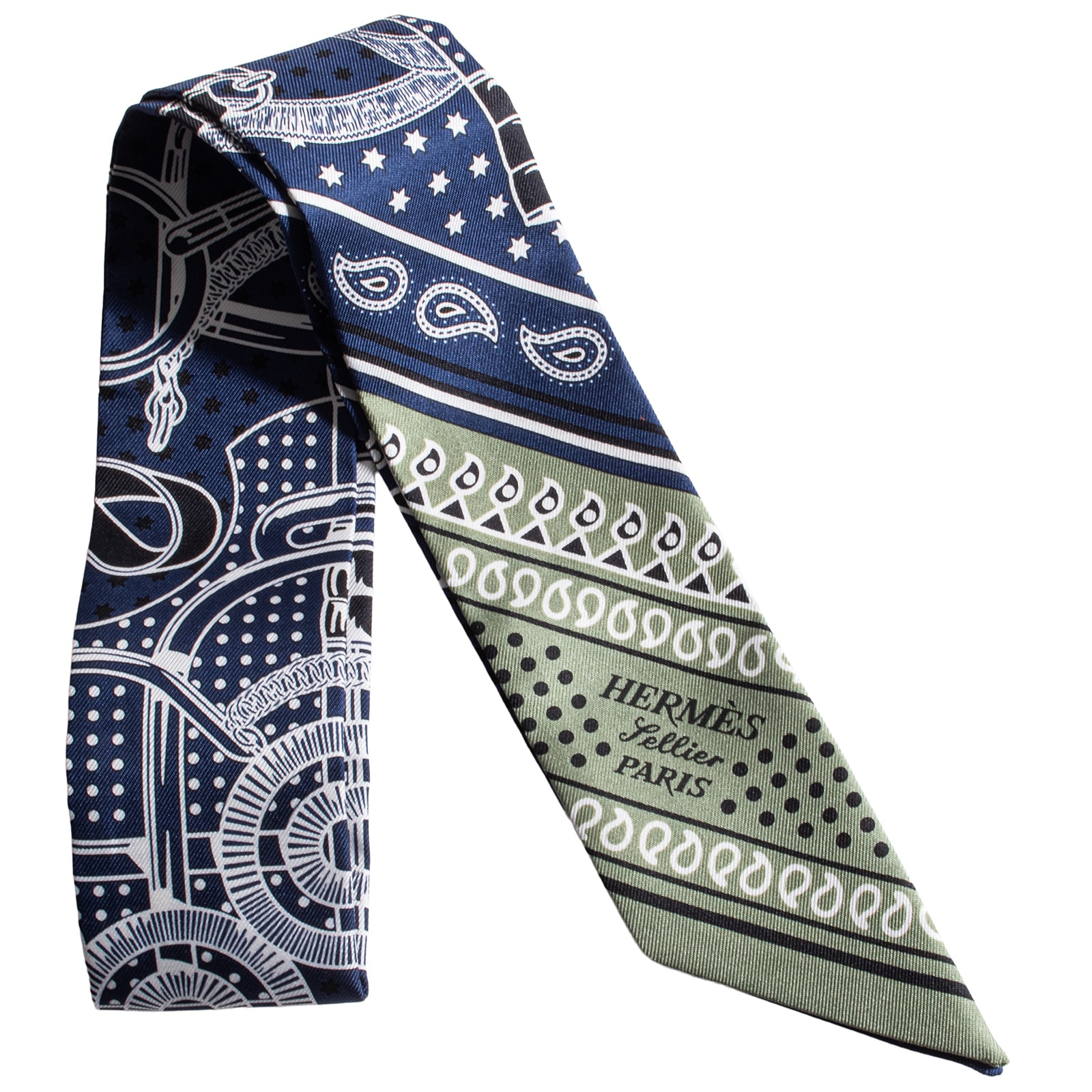 HERMES エルメス ツイリー Eperon d'Or Bandana エプロン ドール バンダナ 062978S 01 スカーフ 2024SS シルク ネイビー グリーン【中古】