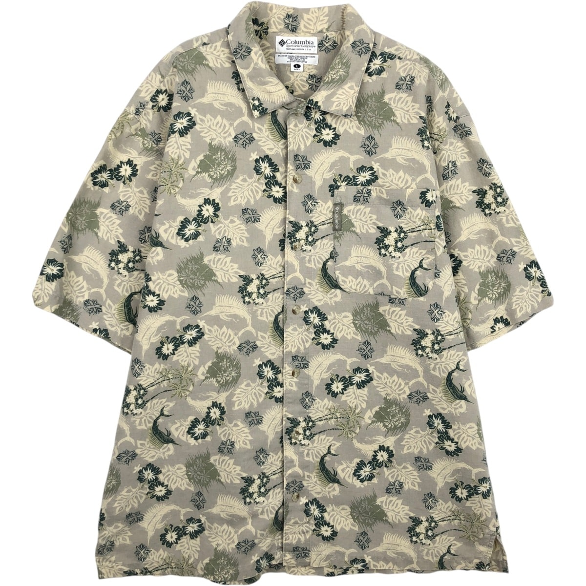 古着 00年代 コロンビア Columbia 総柄 花柄 半袖 リネン×コットンシャツ メンズL相当 ボックスシャツ/eaa640048