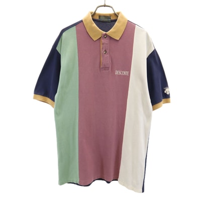 DESCENTE デサント 日本製 配色カラー 半袖 ポロシャツ S ネイビー 鹿の子