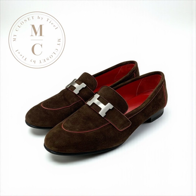 エルメス HERMES パリ ローファー 革靴 靴 シューズ スエード ブラウン レッド H金具 モカシン