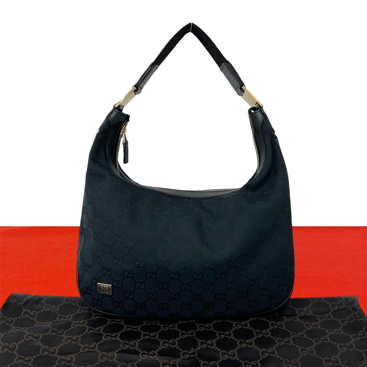 GUCCI グッチ GG ロゴ 柄 金具 キャンバス レザー ショルダーバッグ ブラック
 11231