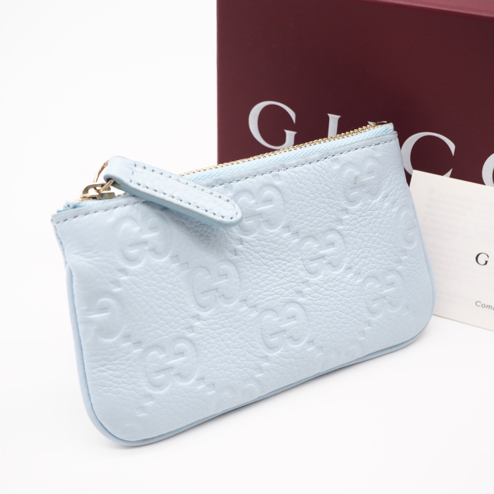 美品 GUCCI グッチ GGエンブレム キーポーチ 815891 コインケース ブルー グレインレザー レディース