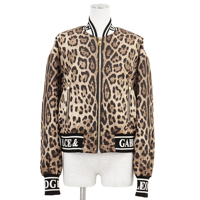 【新品同様】DOLCE&GABBANA ドルチェアンドガッバーナ ブルゾン サイズ 36 レディース レオパード プリント シグネチャー ロゴジャガードリブ パテッドジャケット アウター ブラウン ブラック 茶 黒 総柄 イタリア製
