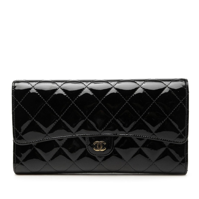 シャネル マトラッセ ココマーク 長財布 ブラック パテントレザー レディース CHANEL 【中古】