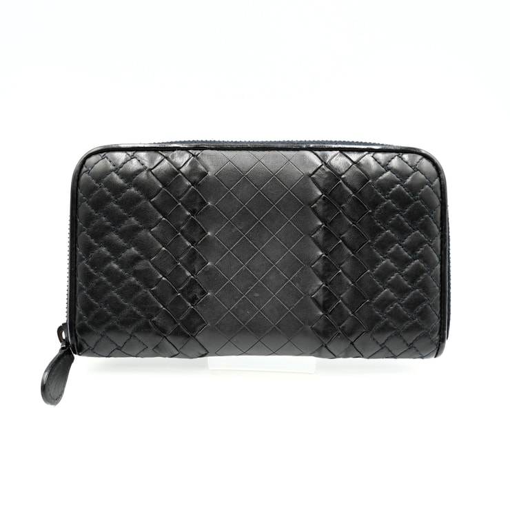 BOTTEGA VENETA(ボッテガヴェネタ)イントレッチオ ヴィンテージ ラウンドファスナー長財布 ブラック レザー メンズ レディース イントレチャート 【中古】