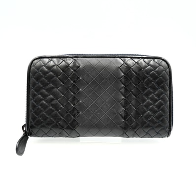 BOTTEGA VENETA(ボッテガヴェネタ)イントレッチオ ヴィンテージ ラウンドファスナー長財布 ブラック レザー メンズ レディース イントレチャート 【中古】